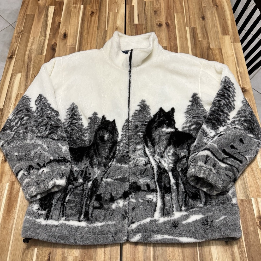 Vintage Wolf Jacket Mens XL Fleece Lined Tapestry All Over Print Full Zip Trees